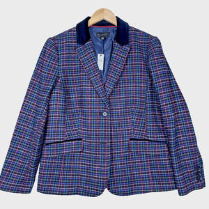 Talbots Blazer Women 16 Blue Mistletoe Plaid Shetland Wool True Classic Timeless